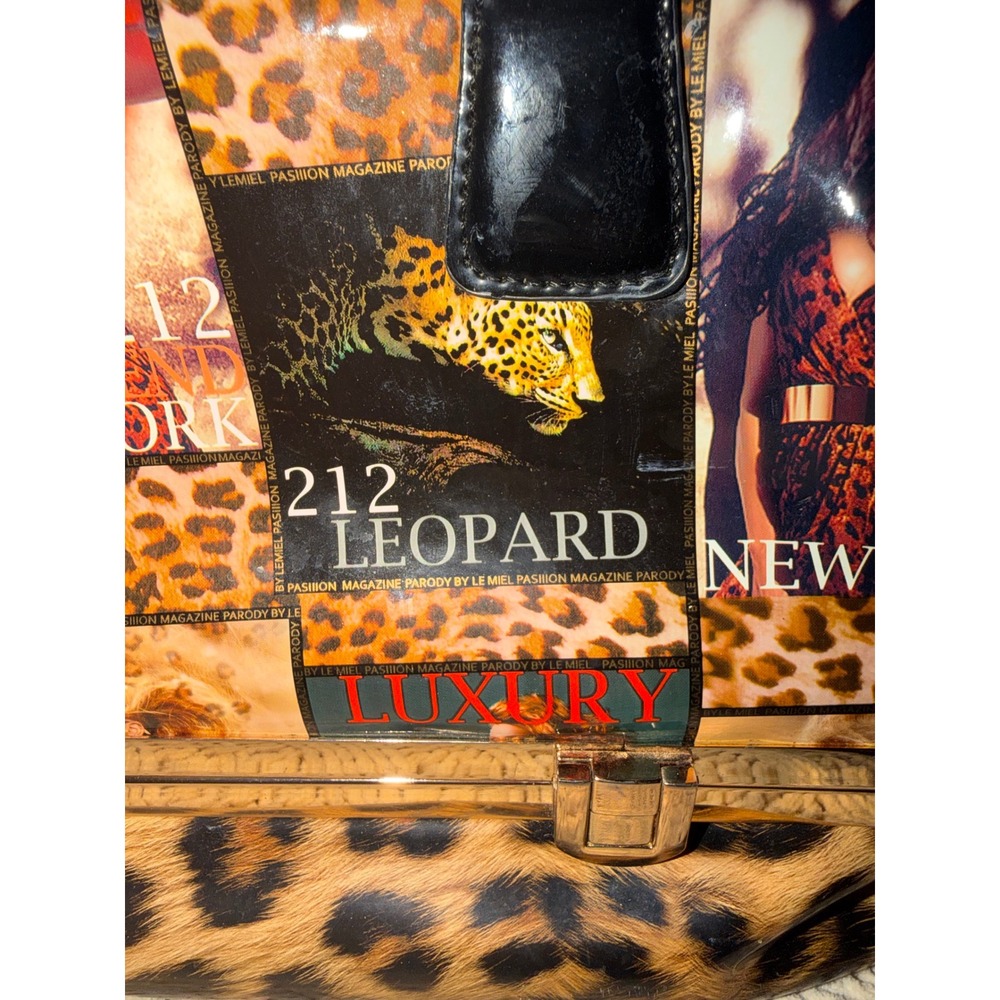 Le Miel Pasiion Leopard Magazine Print Satchel Bag Gold Frame Bottom Compartment - Picture 7 of 16